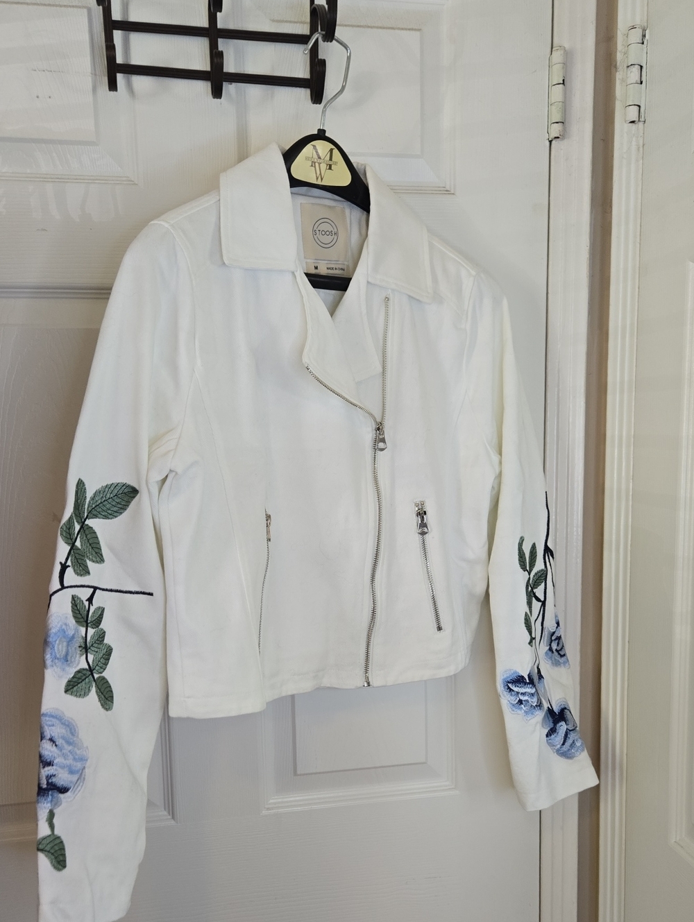 Stoosh White Jacket with Blue Floral Embroidery On Arms And Back Of Jacket